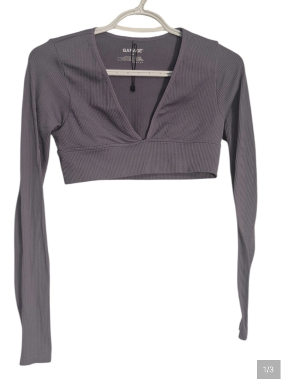 Garage Ribbed Long-Sleeve V-Neck Crop Top in Dusty Mauve, Sz S - Picture 2 of 4